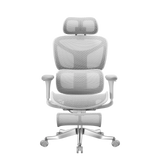 White ergonomic office chair front view with tall headrest, curved mesh back, padded seat