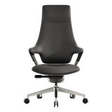 Black leather office chair with curved back, armrests, swivel base, and caster wheels