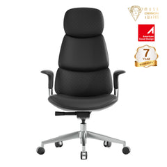 Black leather office chair with padded headrest, armrests, and rolling base