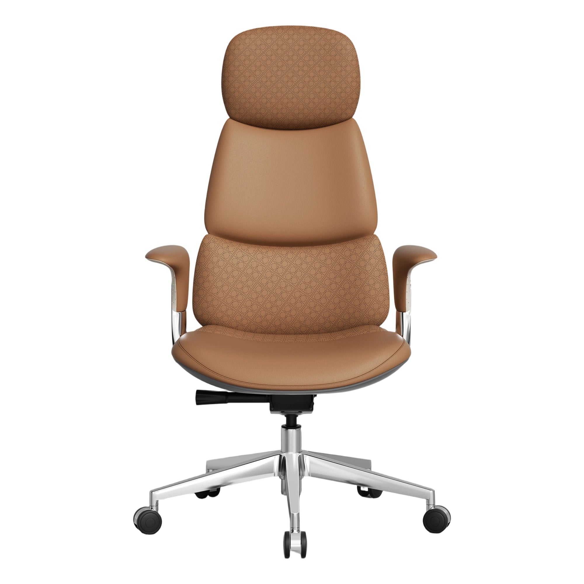 Brown leather swivel office chair with padded headrest, rounded seat, and casters
