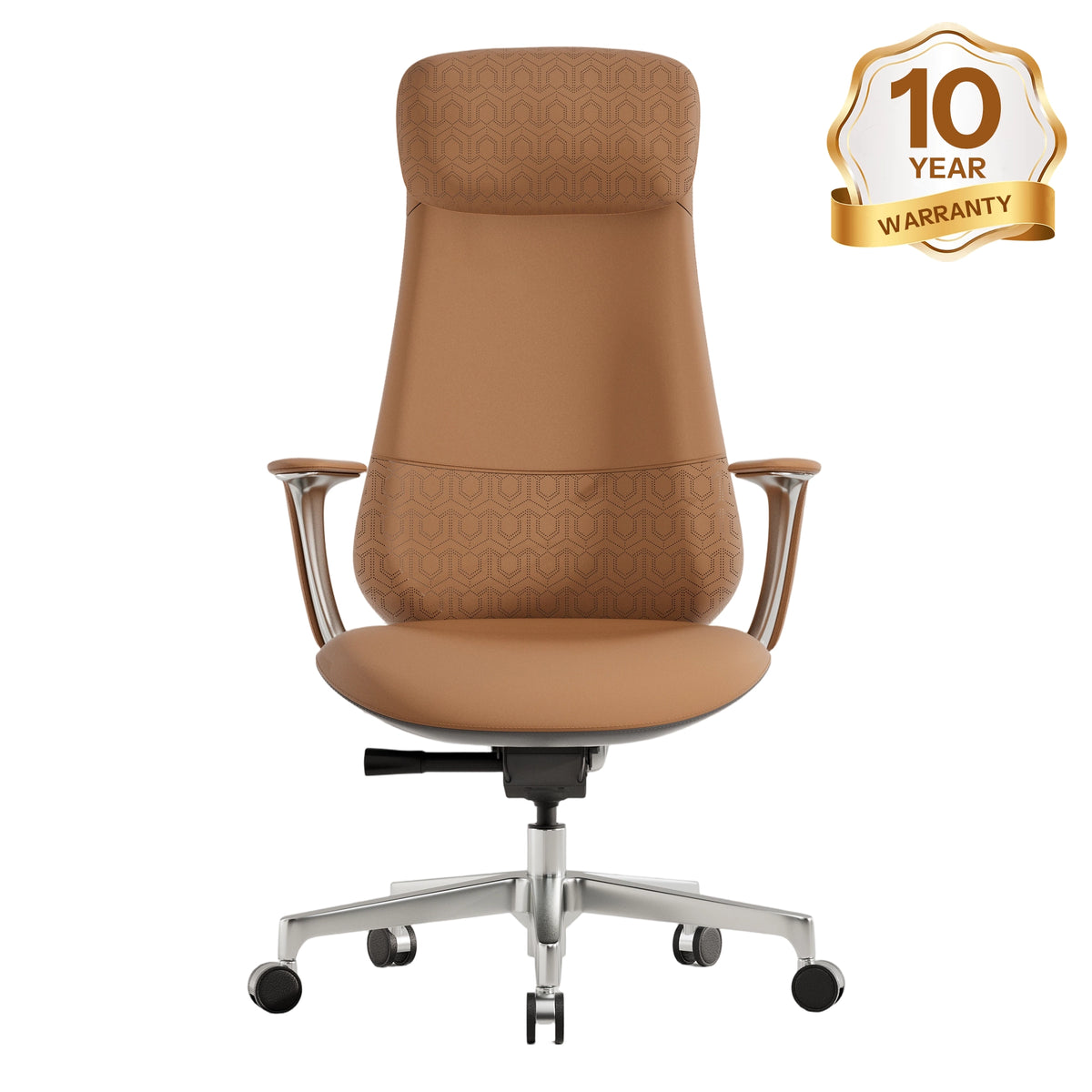 Tan leather office chair with headrest, padded seat, chrome base with casters
