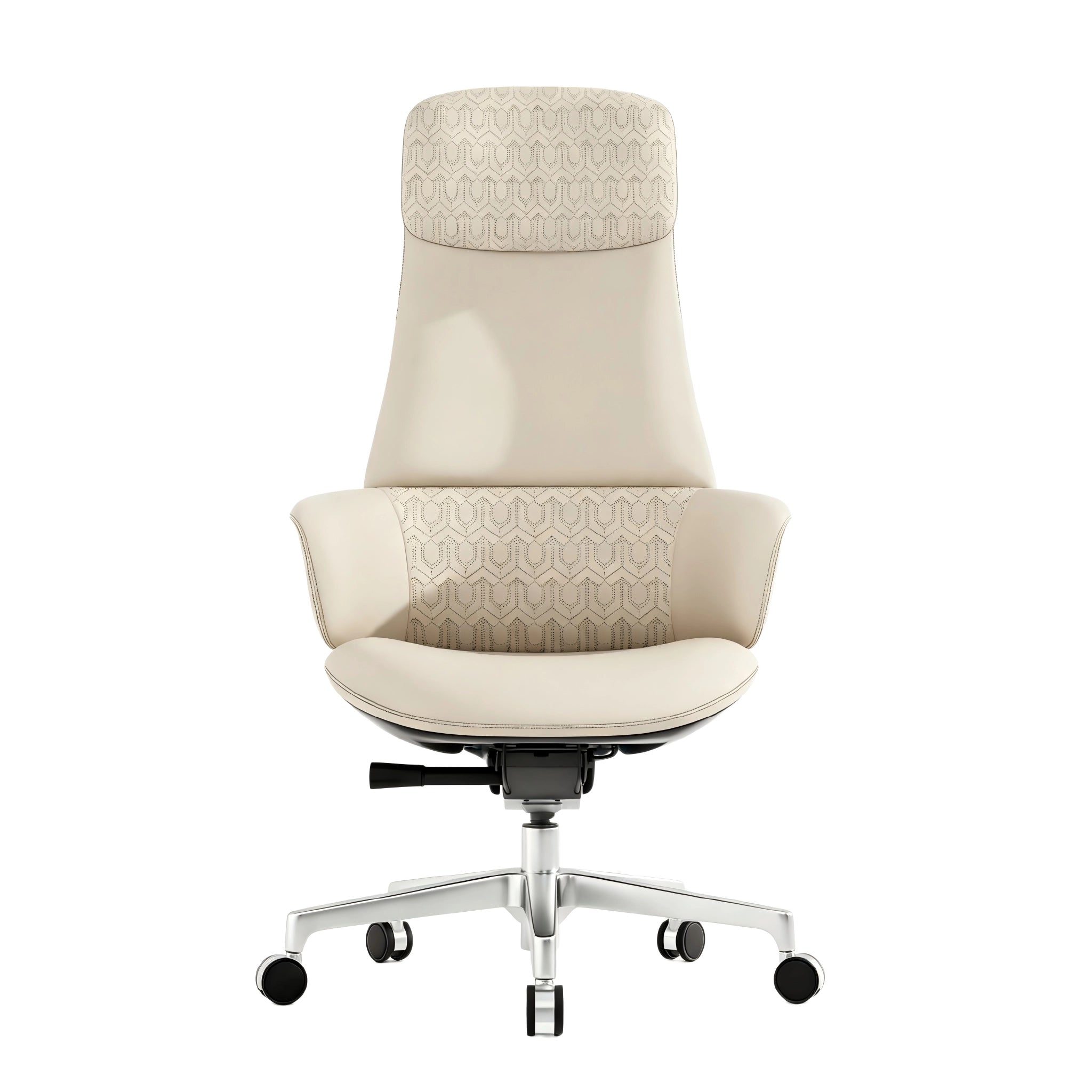 Beige leather office chair with lumbar support, cushioned back, swivel base and casters