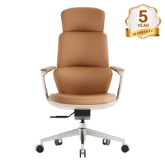 Brown leather office chair with padded seat, back, armrests, and chrome wheeled base