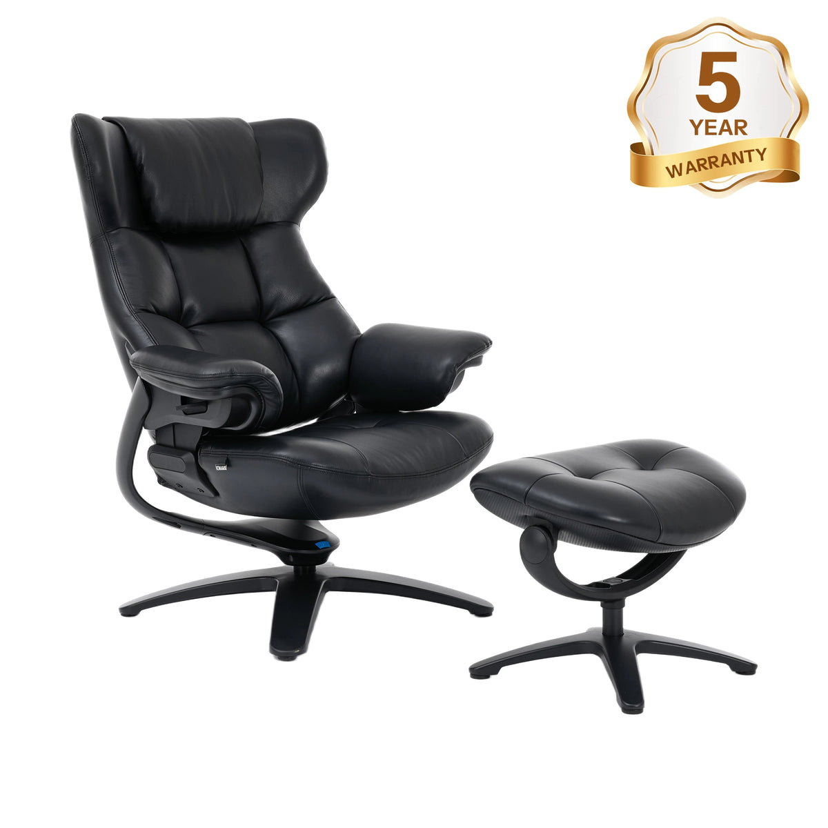 Black recliner lounge chair with ottoman, padded headrest, swivel base