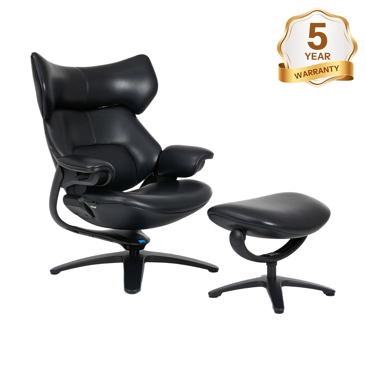 Black recliner lounge chair with matching ottoman and swivel base