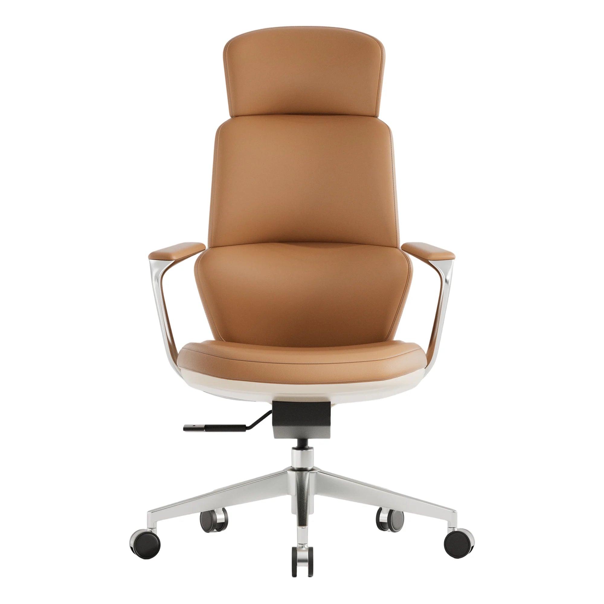 Nolan leather office chair, tan-brown with padded headrest and armrests, swivel caster base