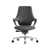 Mid-back office chair in dark black with curved seat, padded arms, and rolling base