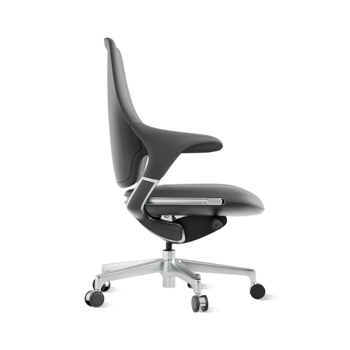 Mid-back office chair in dark black, 3/4 view with padded back and chrome star base