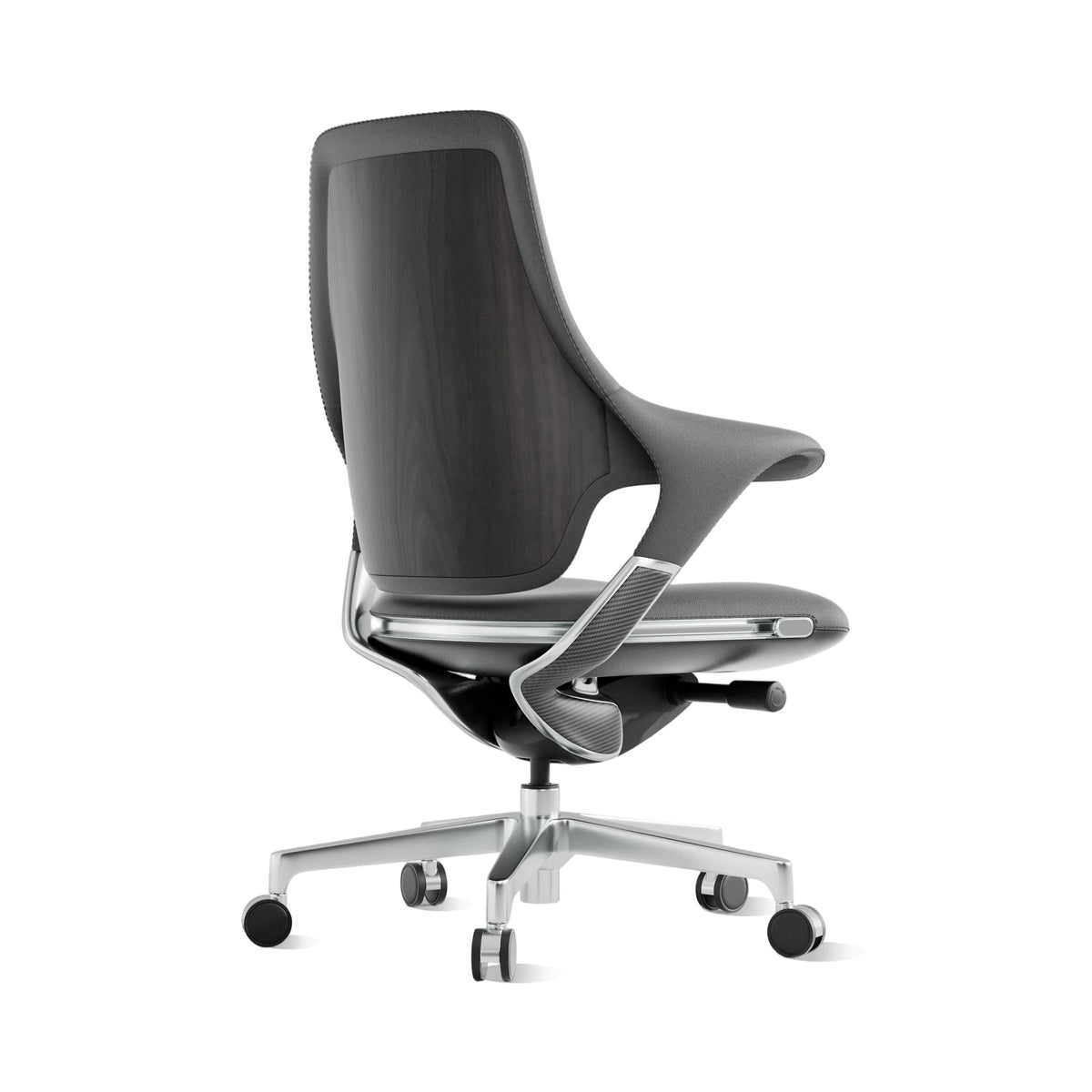 Mid-back office chair in dark black with wood-grain back panel and rolling caster base