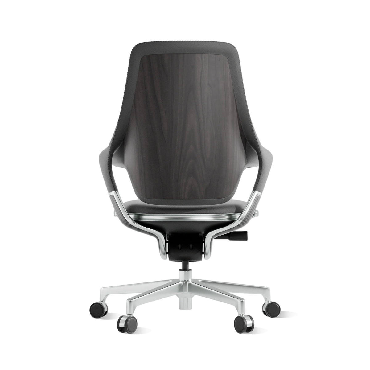 Mid-back office chair with dark wood-grain back panel, padded seat, and caster wheels