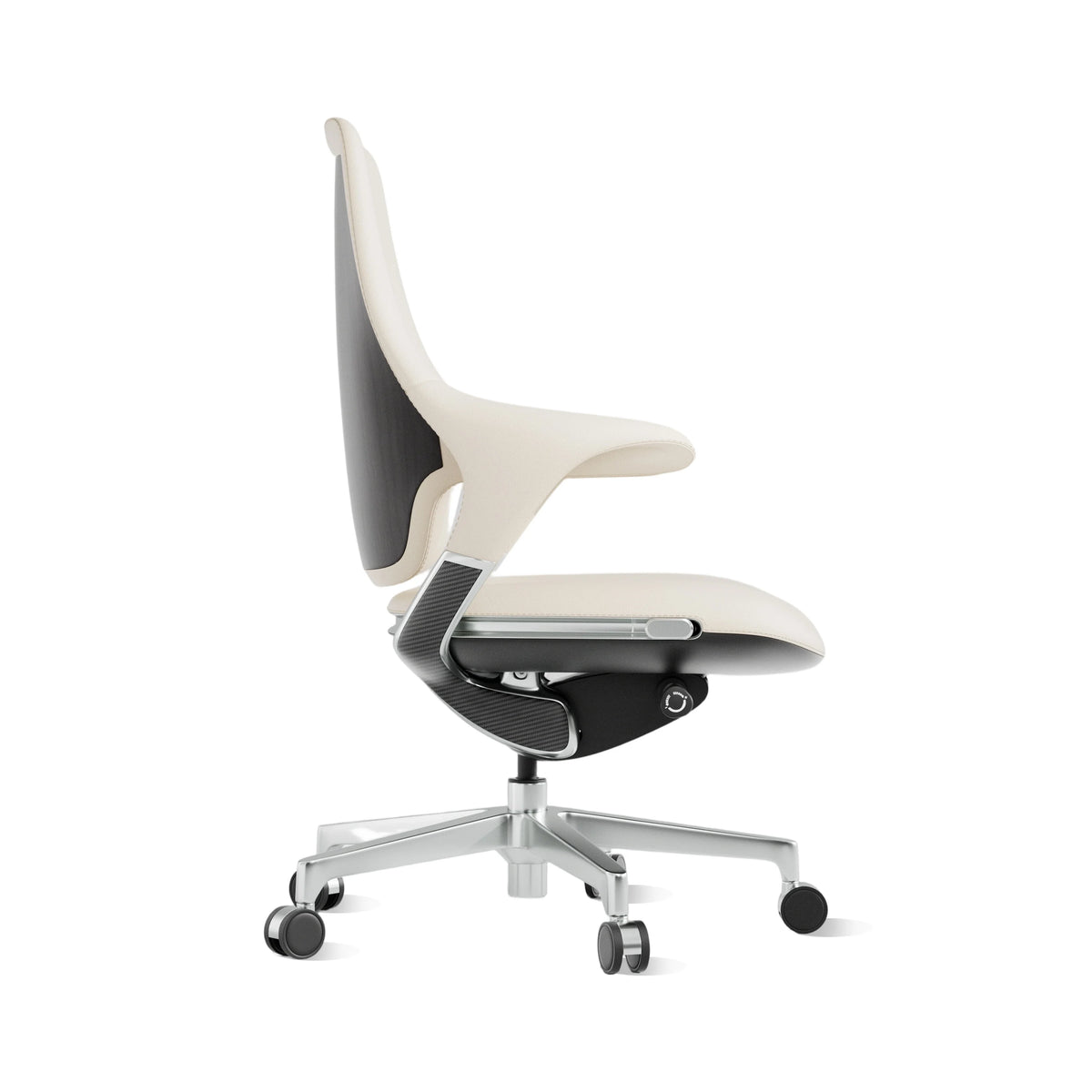 Mid-back office chair with dark leather back, light seat cushion, and chrome wheeled base
