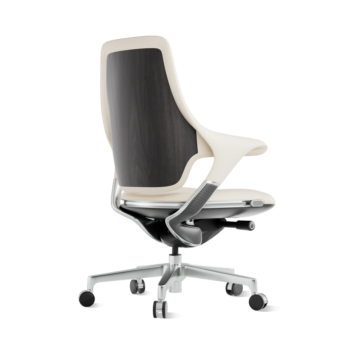 Mid-back office chair with dark leather back, light seat, and chrome base with wheels