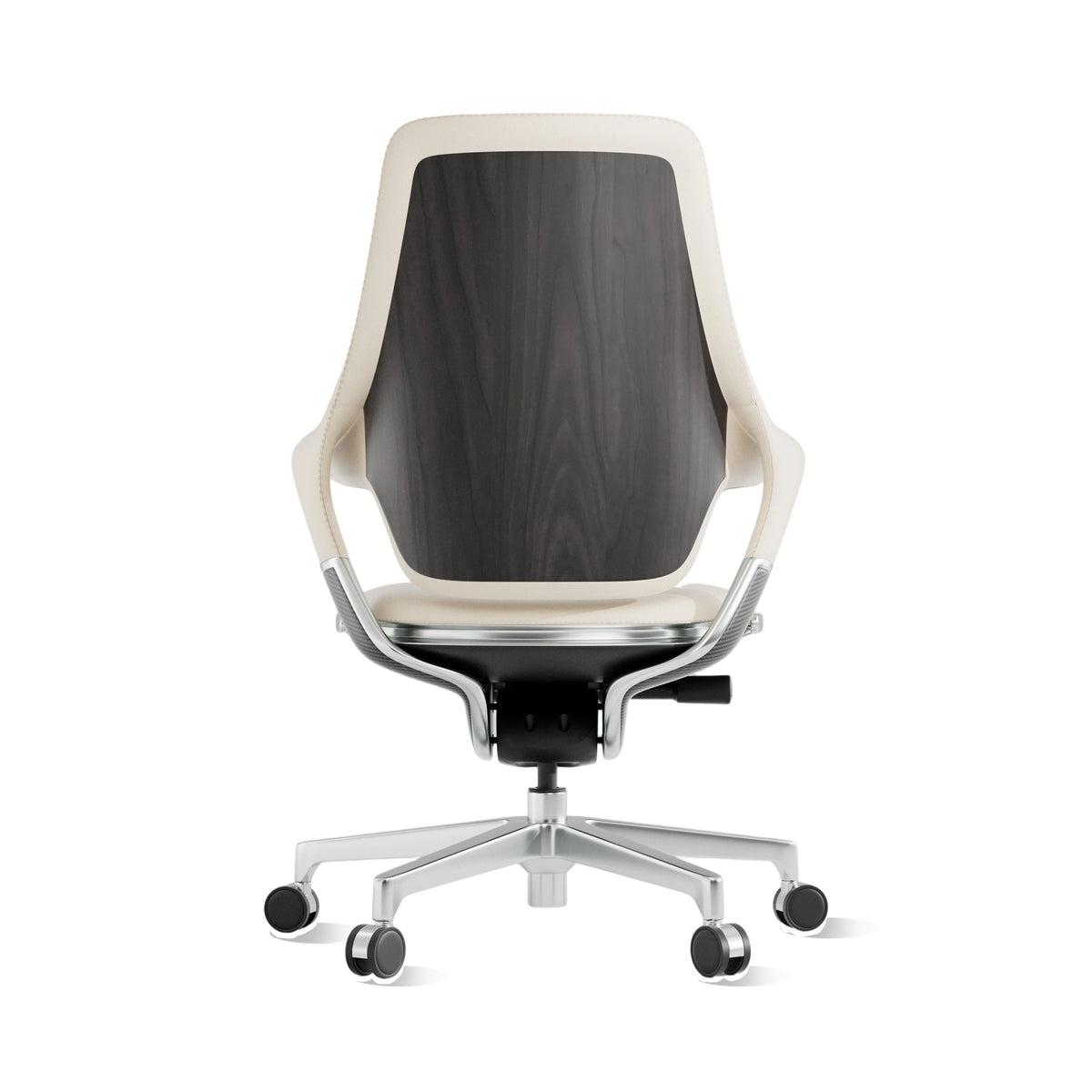 Mid-back office chair with dark leather back, light side panels, and chrome wheeled base