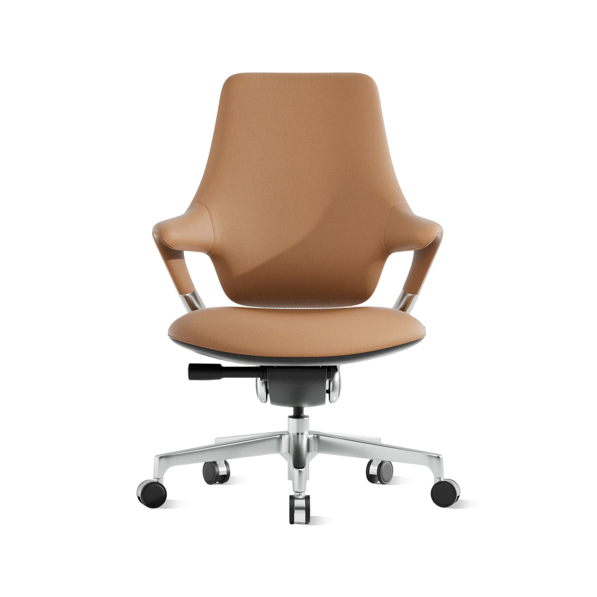 Mid-back office chair in warm beige with padded seat, arms, and rolling caster base