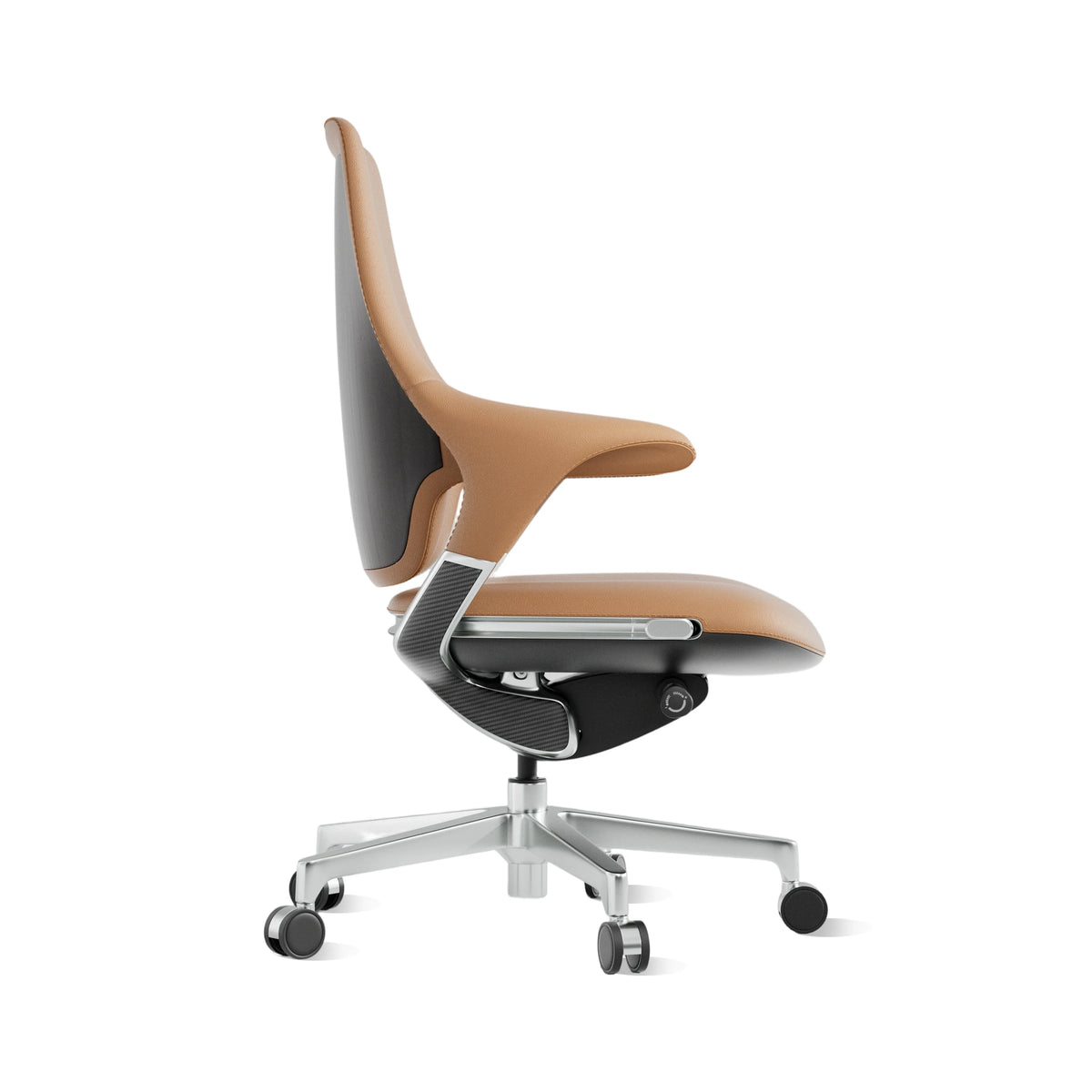 Mid-back office chair in warm beige, 3/4 view with padded back and rolling casters