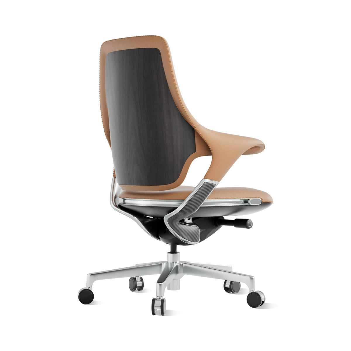 Mid-back office chair with dark wood-grain back panel and warm beige seat, on casters