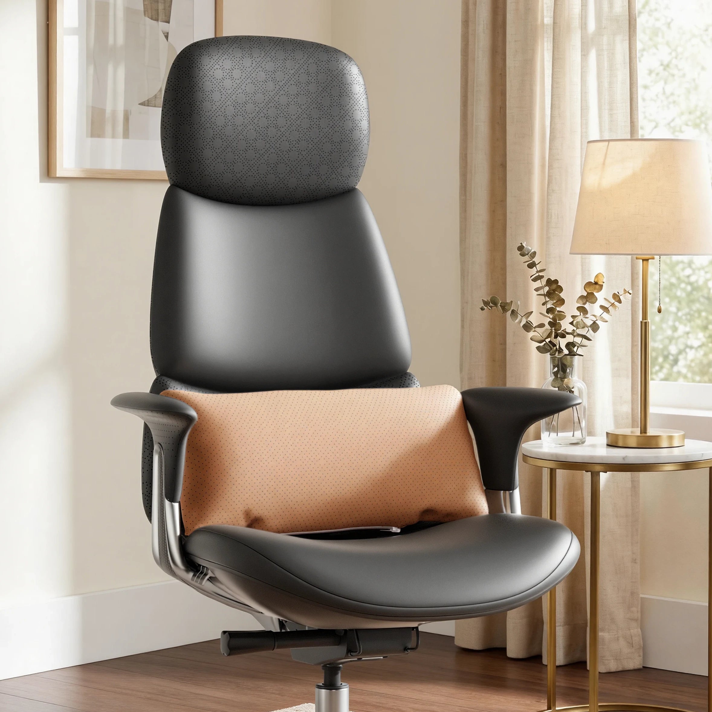 Black leather cushion on accent chair with textured back and seat