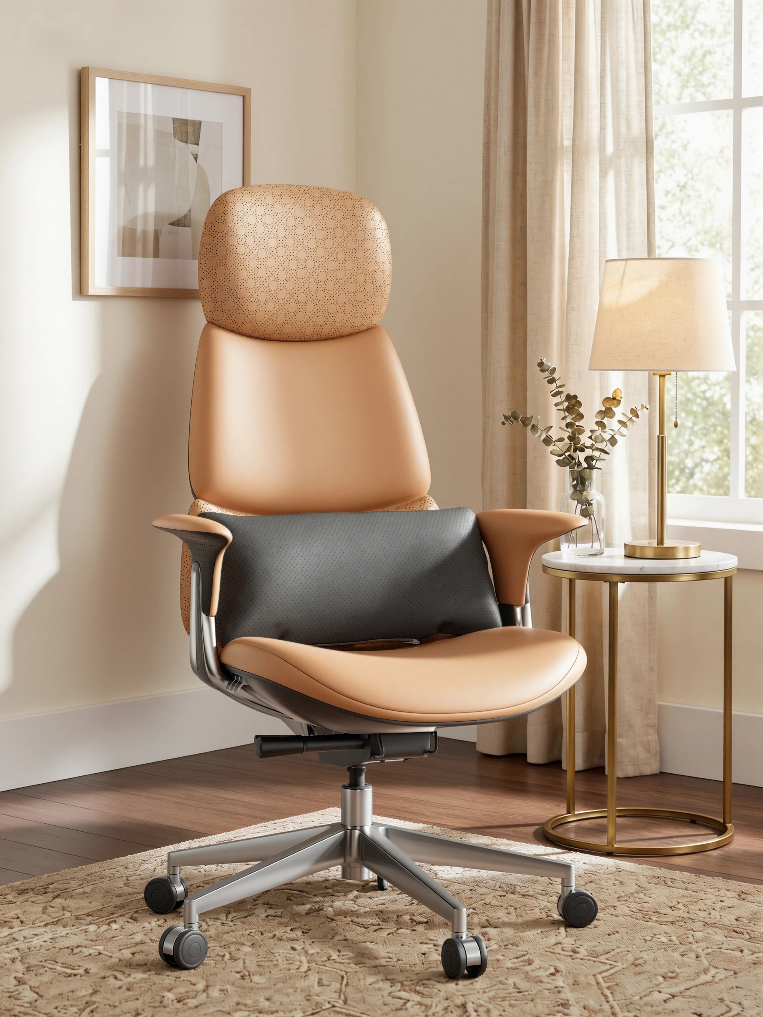 Burnt orange full-grain leather cushion on chair, rounded back and side tag