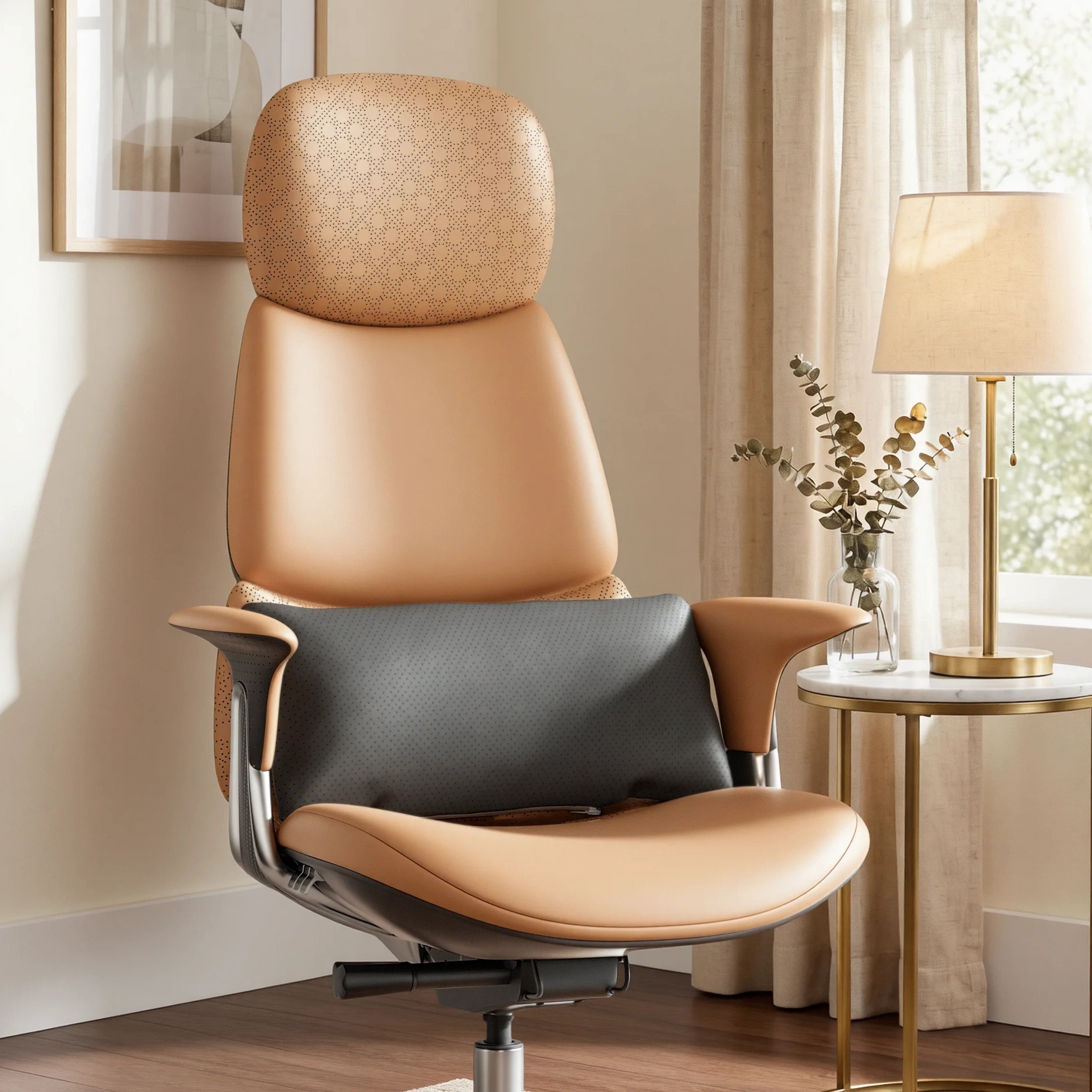 Burnt orange leather cushion on accent chair with textured back and seat