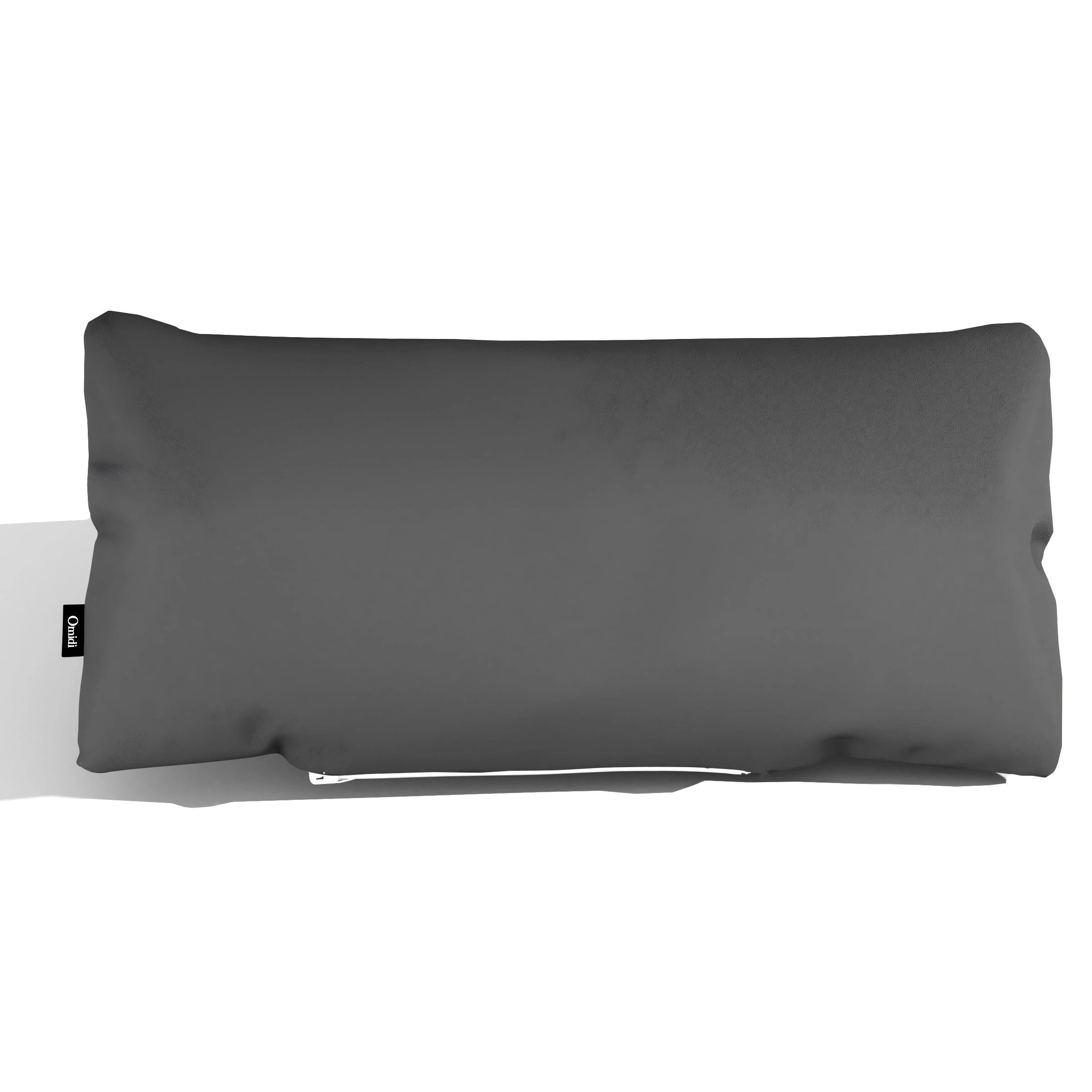 Gray full-grain leather cushion with smooth surface and side tag