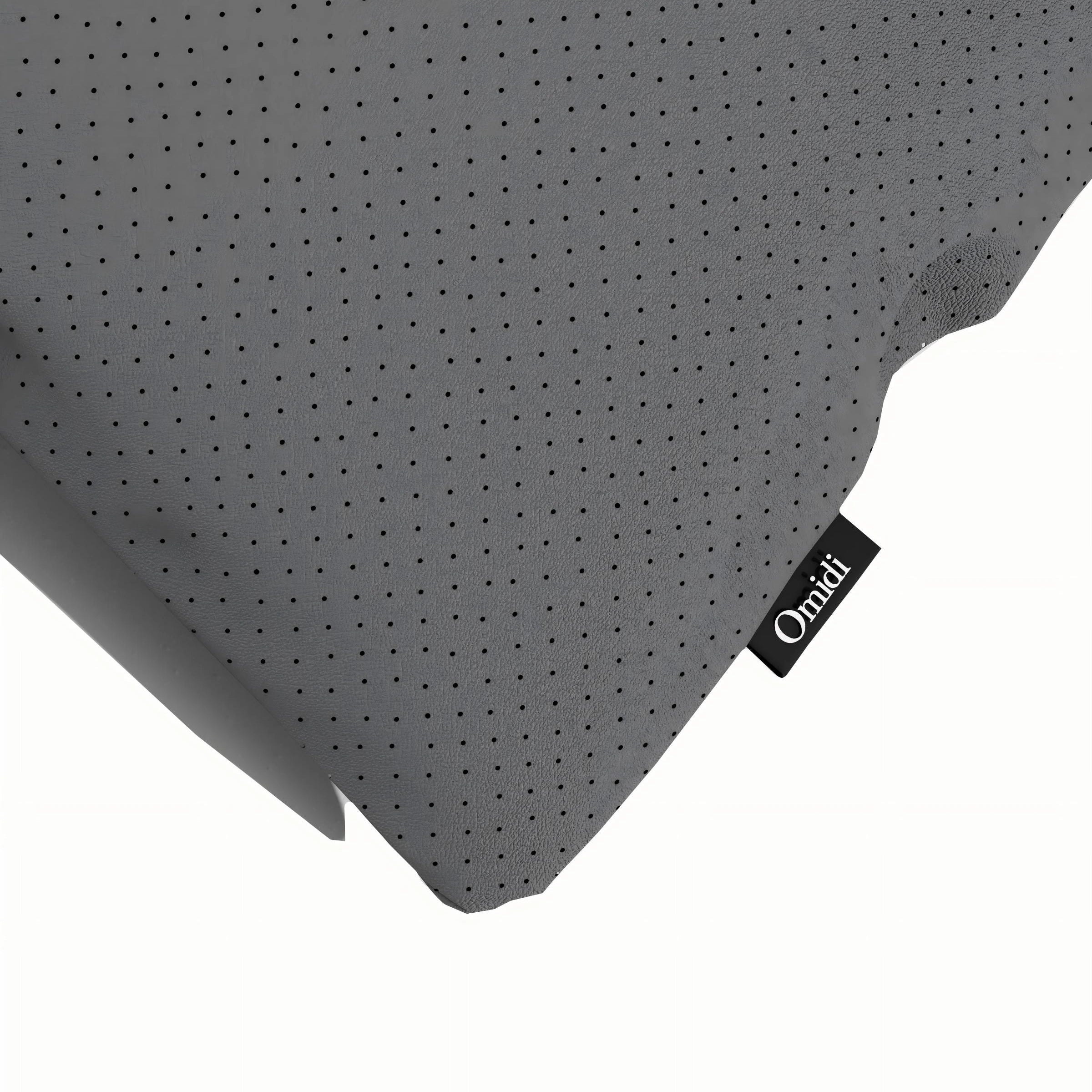 Black perforated leather cushion with corner tag