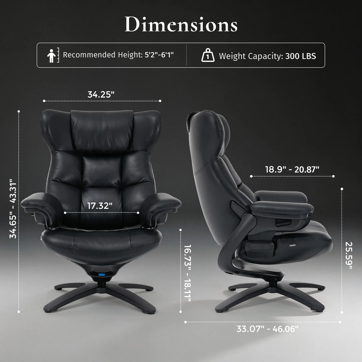 Black recliner lounge chair with ottoman, adjustable base and contoured padding