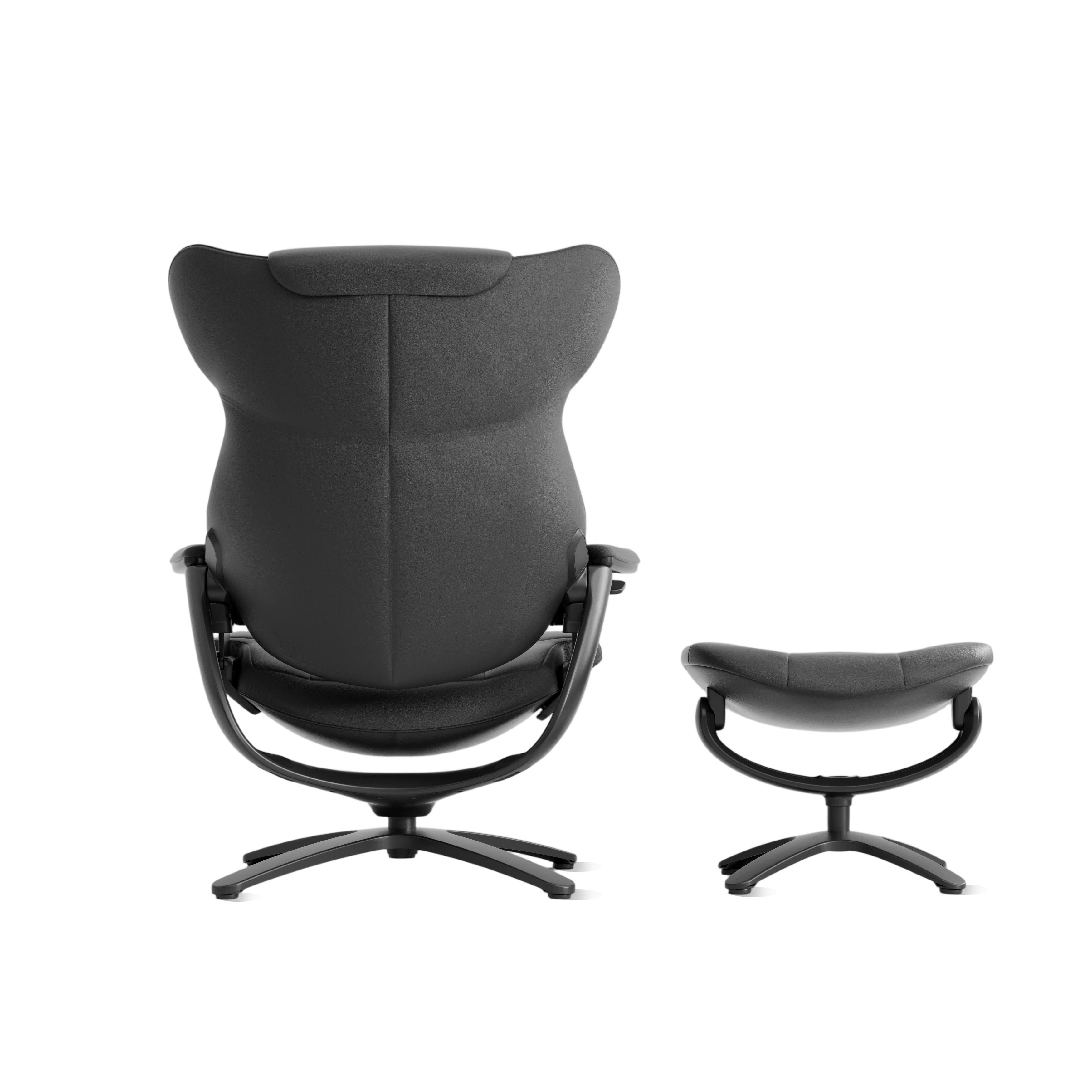 Black recliner lounge chair with matching ottoman, front view, cushioned armrests