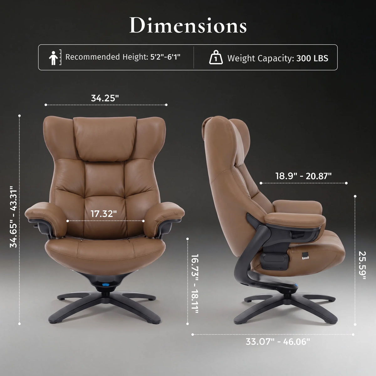 Brown recliner lounge chair with ottoman, padded back and contoured armrests