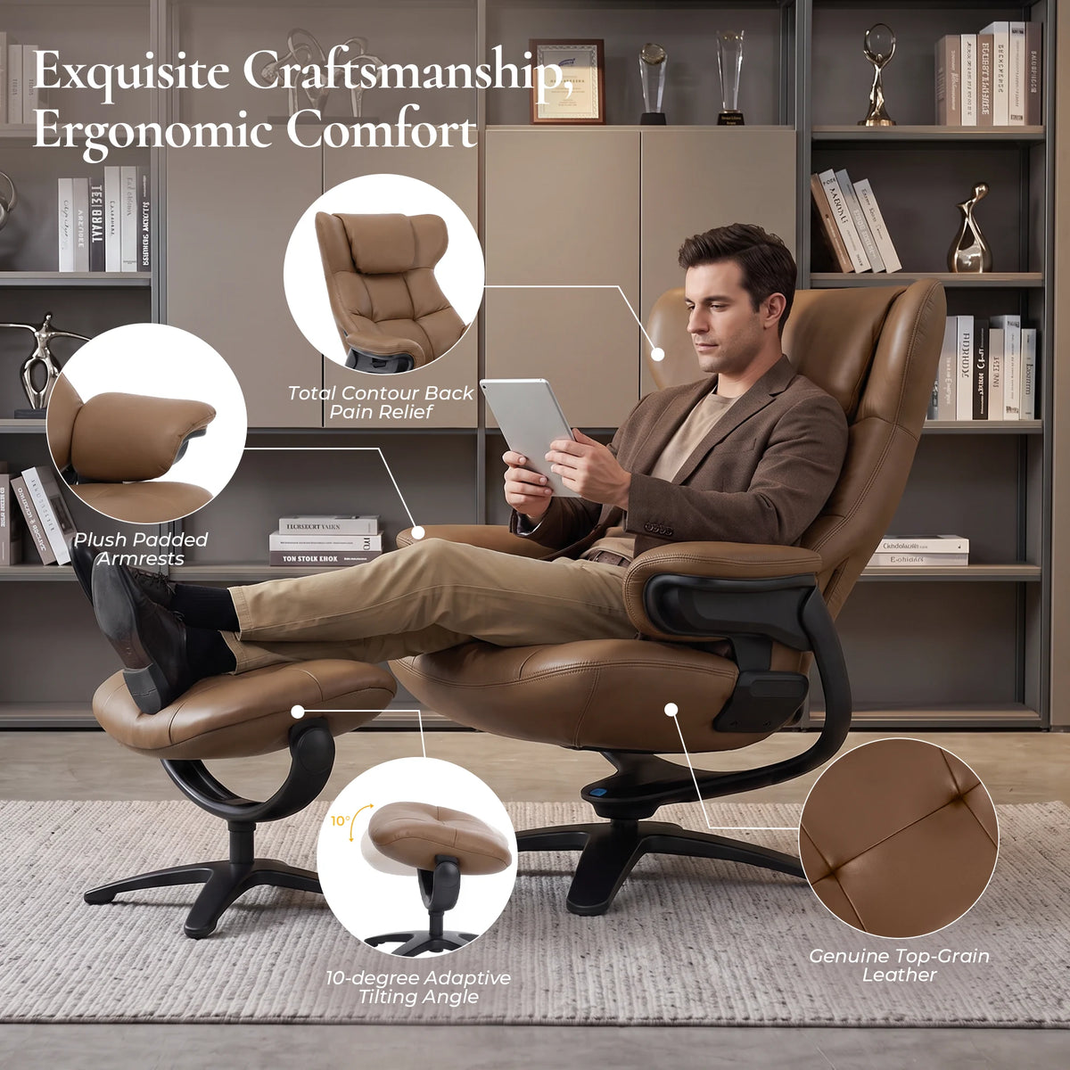 Brown recliner lounge chair with ottoman, contoured back and plush padded arms