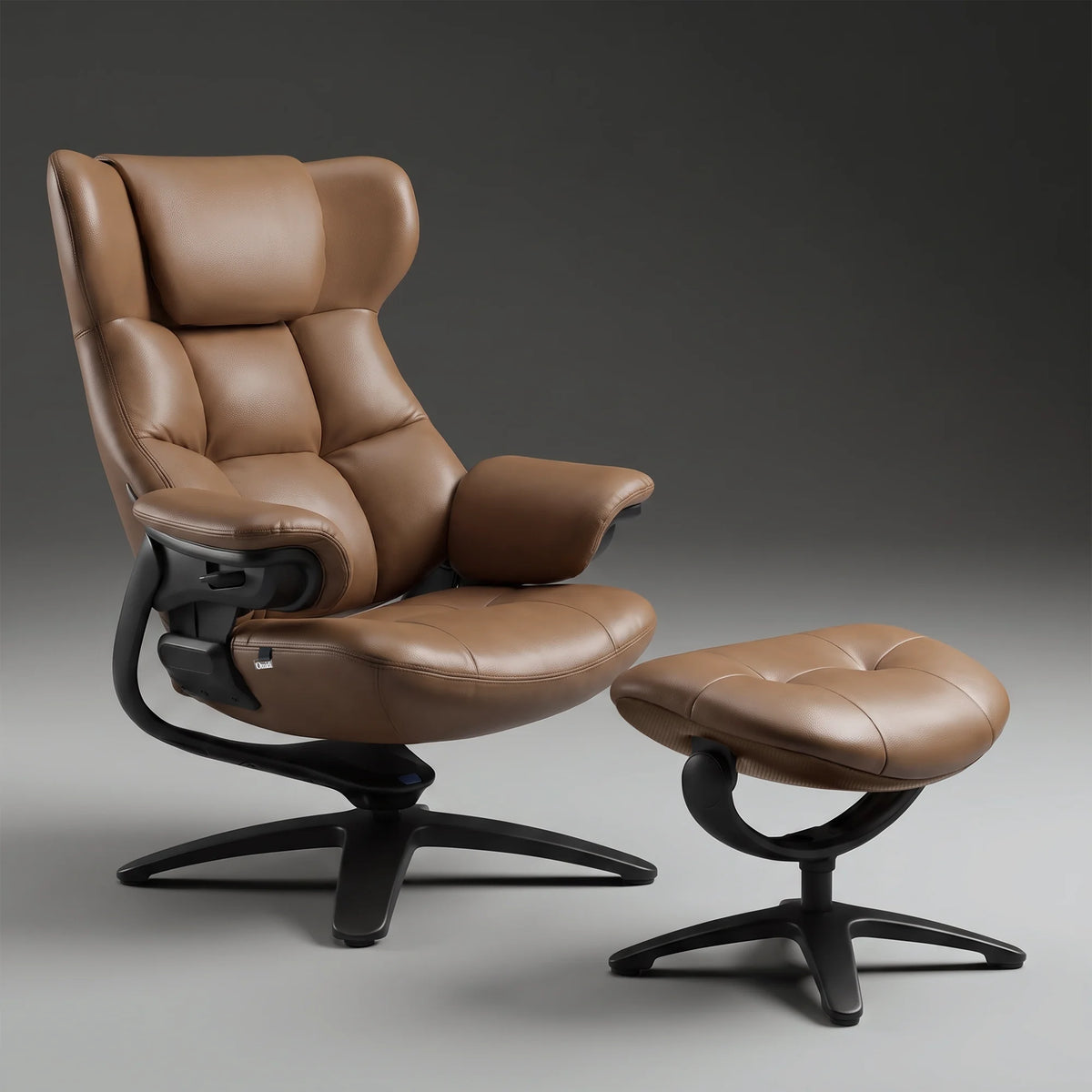 Brown recliner lounge chair with ottoman, reclined seat with swivel base