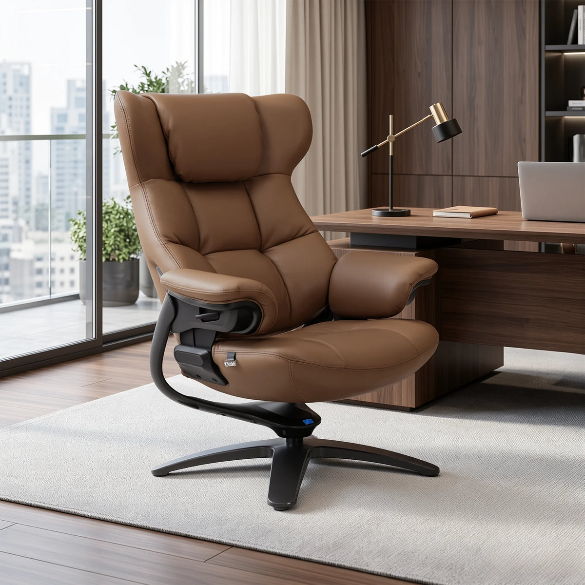 Brown recliner lounge chair with ottoman, side profile with supportive headrest