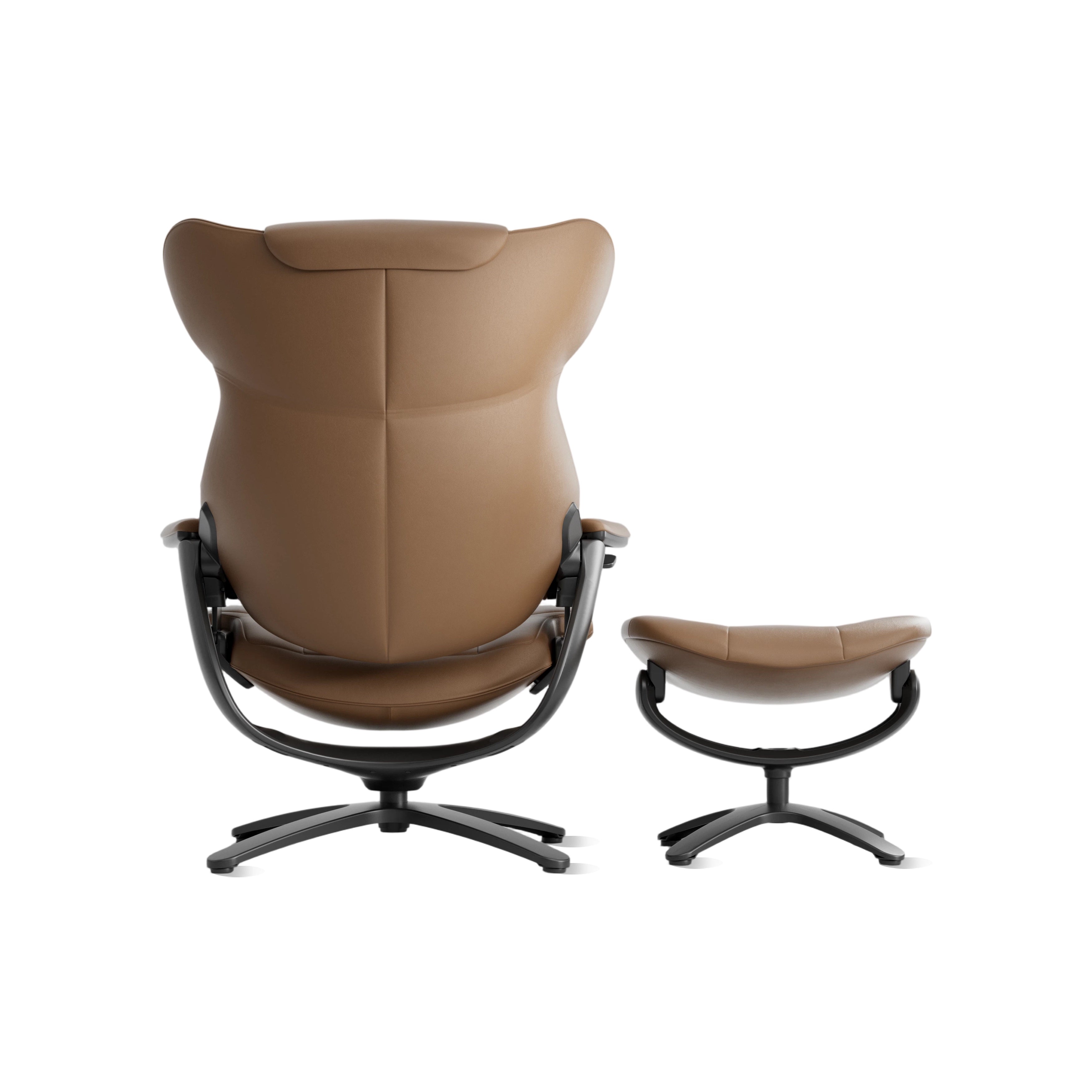Brown recliner lounge chair and ottoman, rear view, curved frame and swivel base