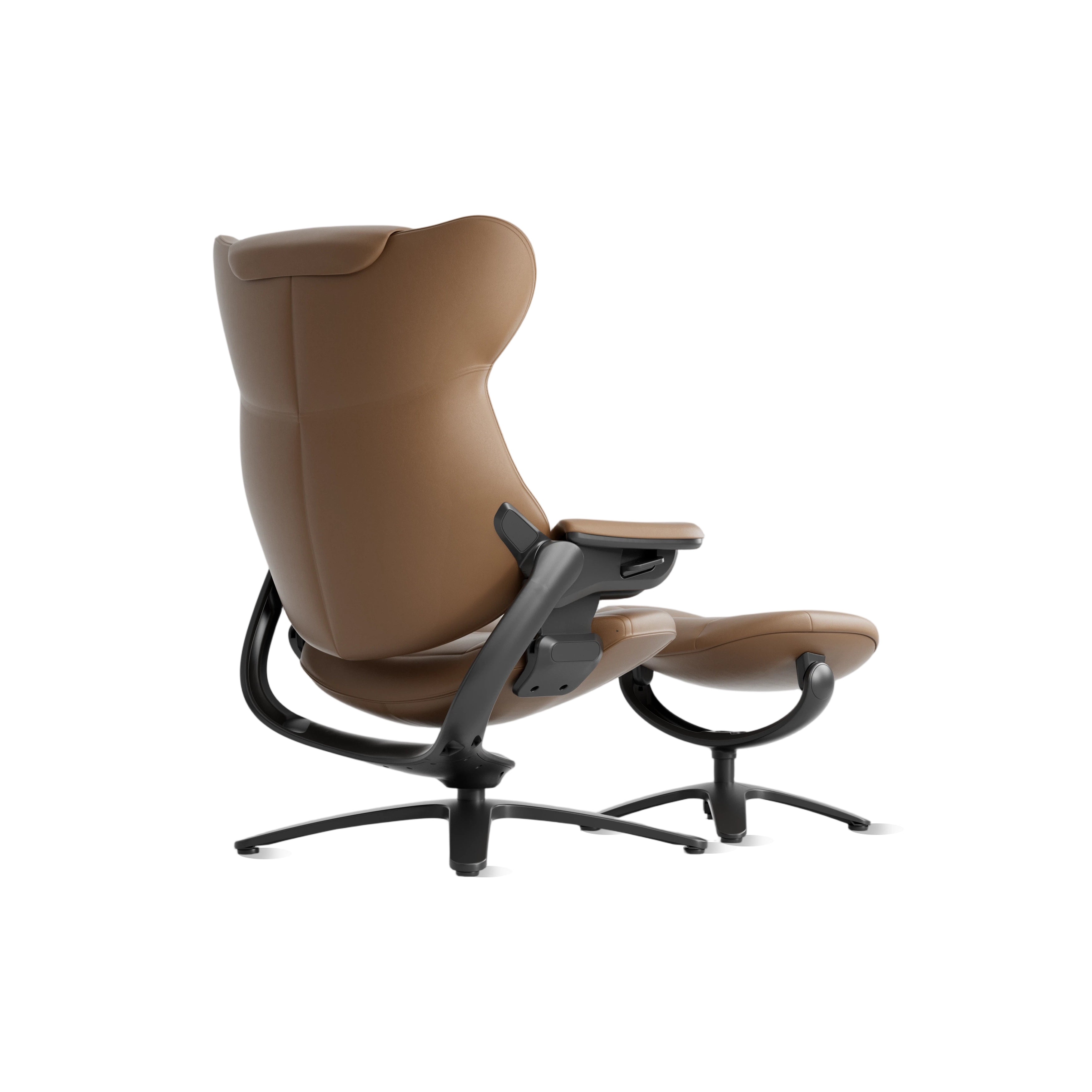 Brown recliner lounge chair with ottoman, side view, contoured back, curved base