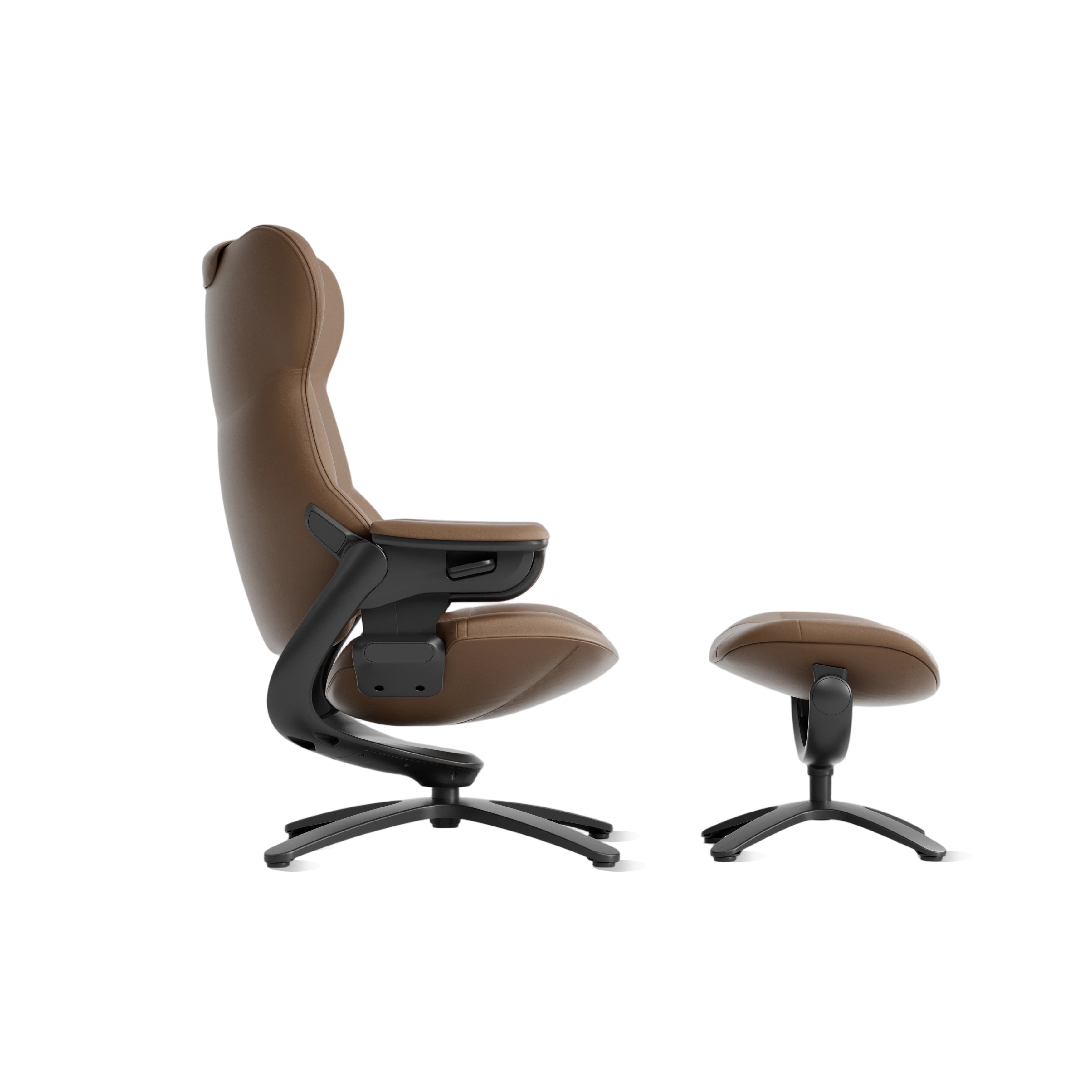 Brown recliner lounge chair with matching ottoman, contoured arms, swivel base