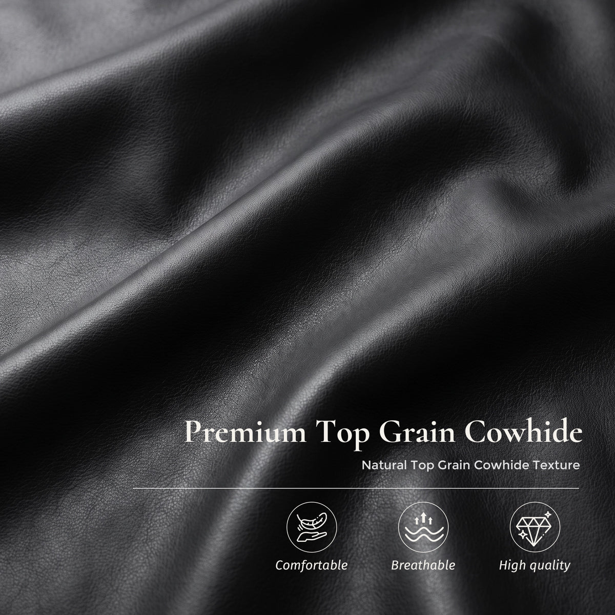Black cowhide leather upholstery close-up with smooth top-grain texture