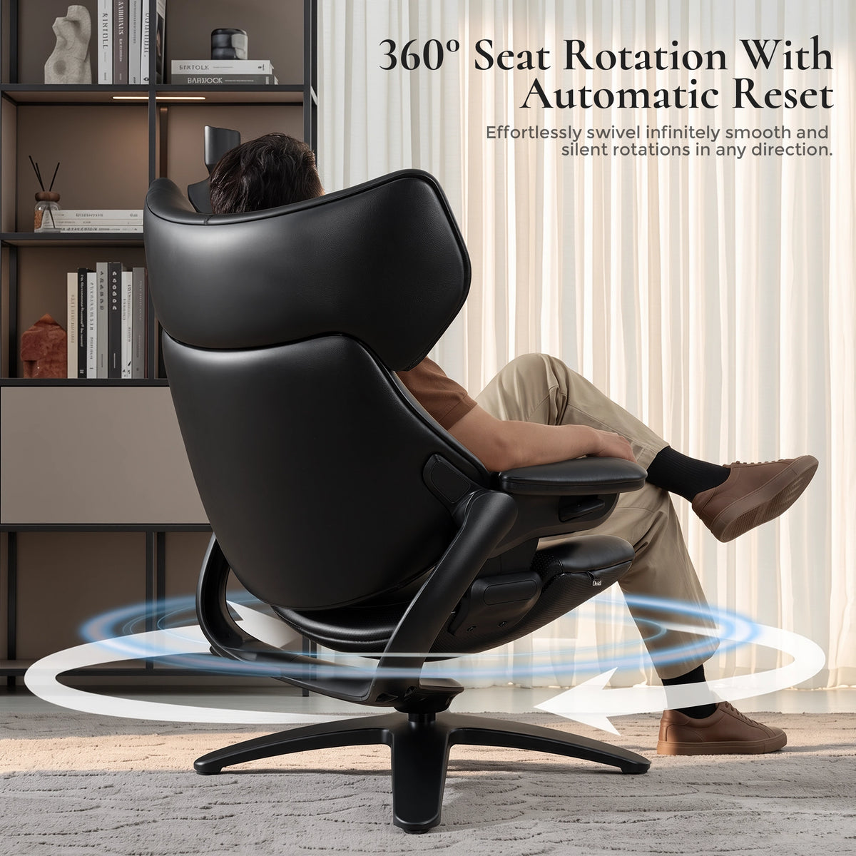 Black recliner lounge chair with 360° rotating seat and ottoman, seated side view