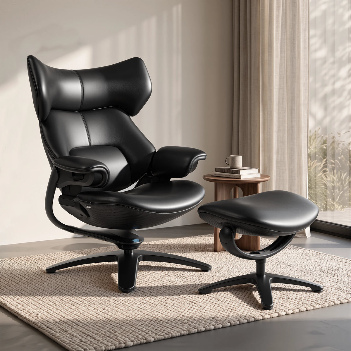 Black recliner lounge chair with ottoman, angled view in a bright living room
