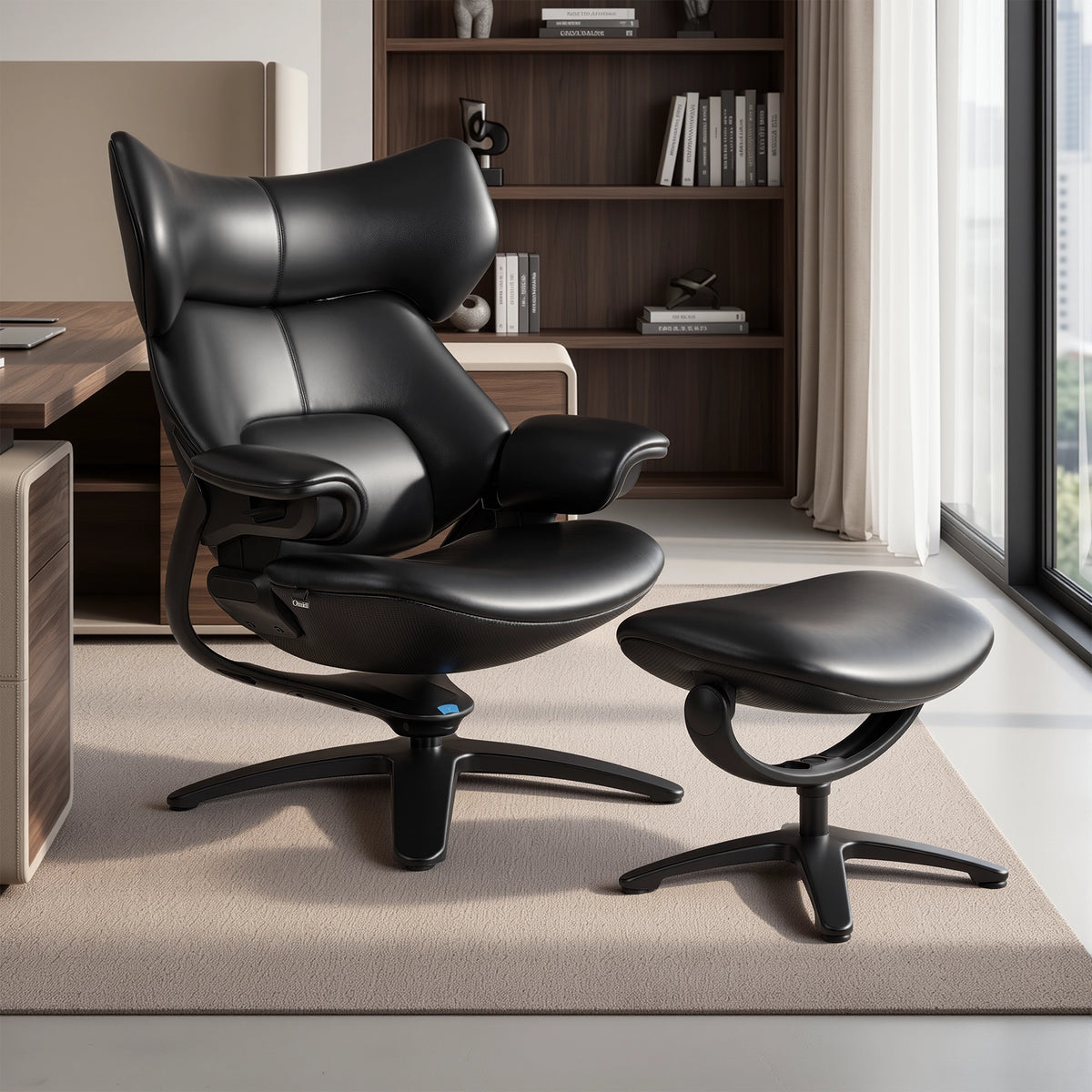 Black recliner lounge chair with ottoman, front-left view near shelves and window