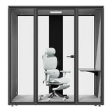 Quiet pod enclosure with three glass doors, black frame, chair inside