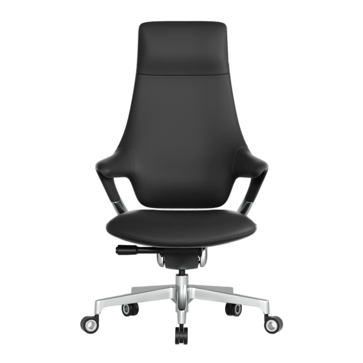 Black leather office chair with cushioned seat, curved back, and adjustable base with wheels