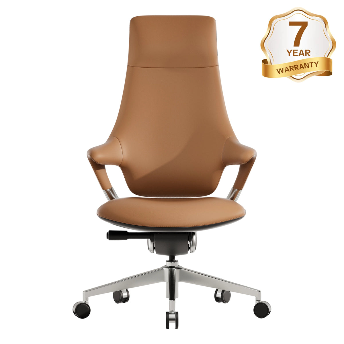 Brown leather office chair with rounded arms and swivel caster base
