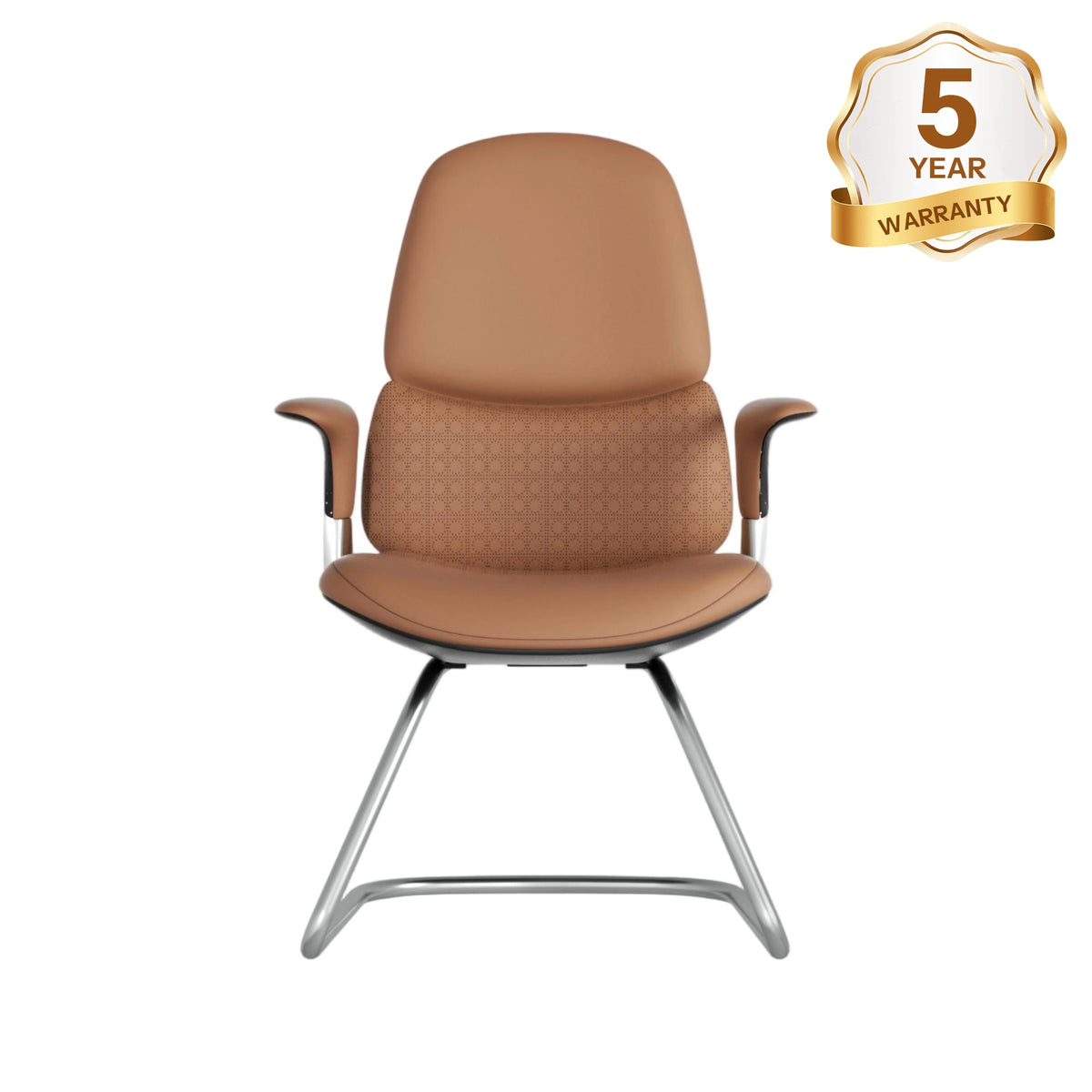 Burnt orange leather cantilever chair with curved seat and chrome sled base