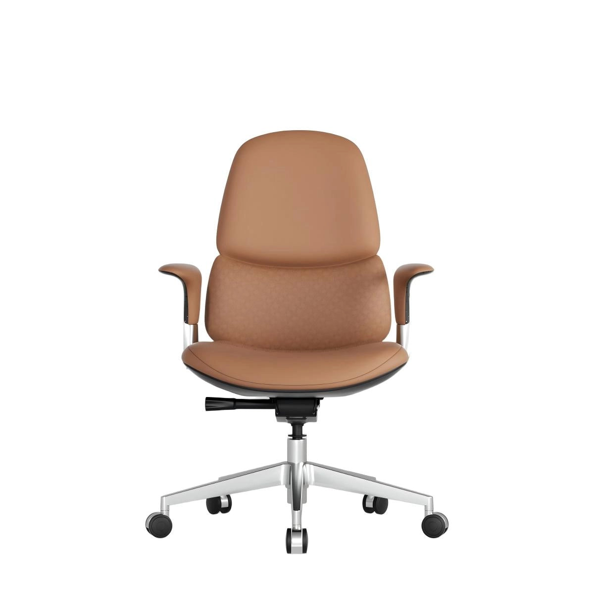 Mid-back leather office chair, burnt orange seat and back, padded arms and wheeled base