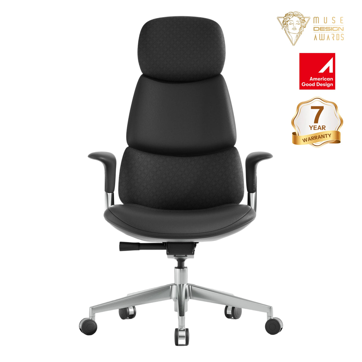 Black leather office chair with padded headrest, armrests, and rolling base