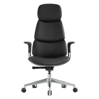 Black leather office chair with padded headrest, curved back, and adjustable swivel base