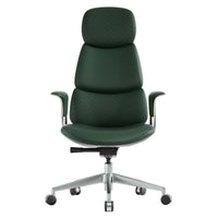 Green upholstered office chair with textured backrest and seat, chrome base and rolling casters.