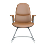 Burnt orange leather cantilever chair with curved metal base and armrests