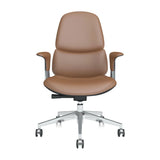 Mid-back leather office chair in burnt orange/tan, front view with armrests and casters.