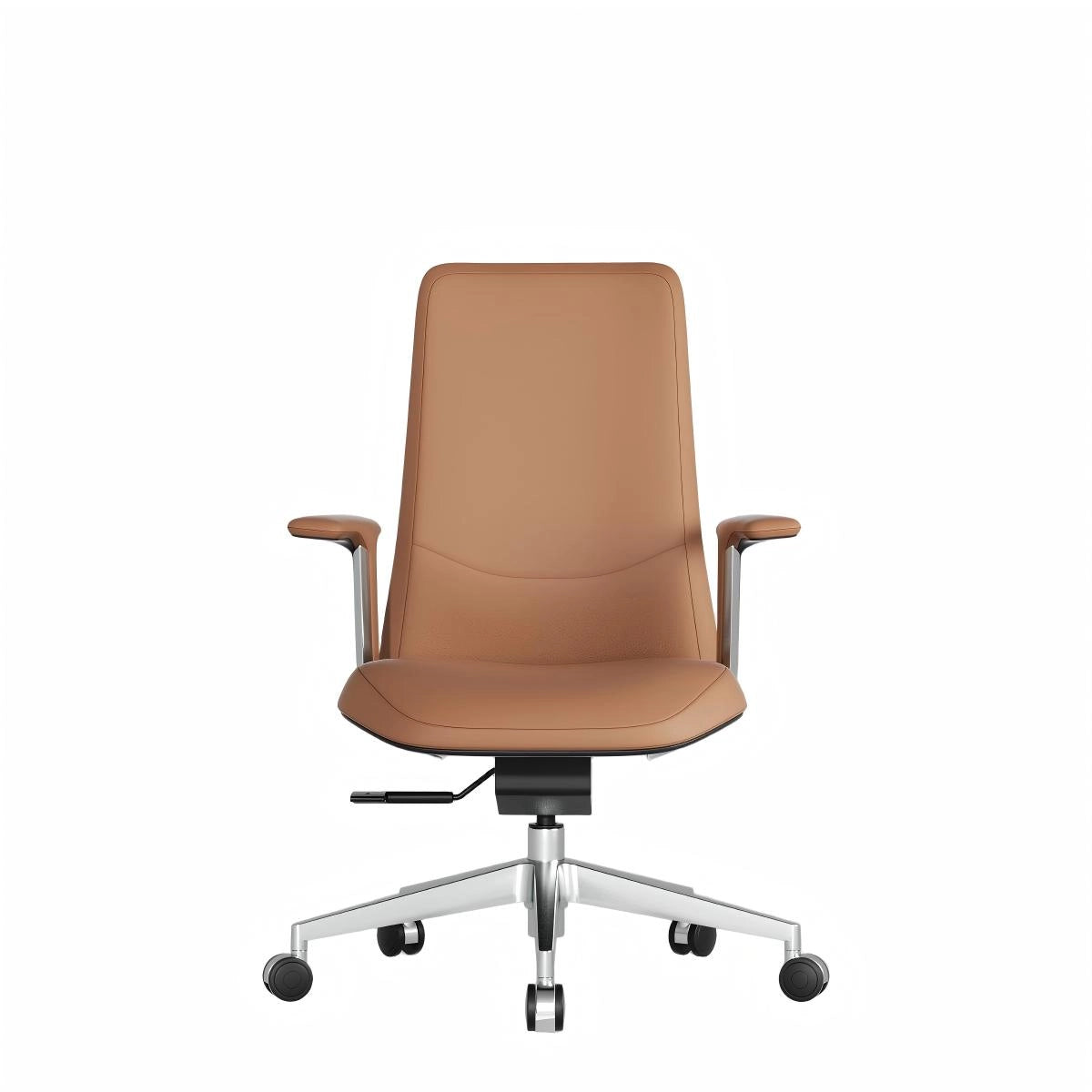 Mid-back leather office chair, burnt orange with armrests and wheeled base