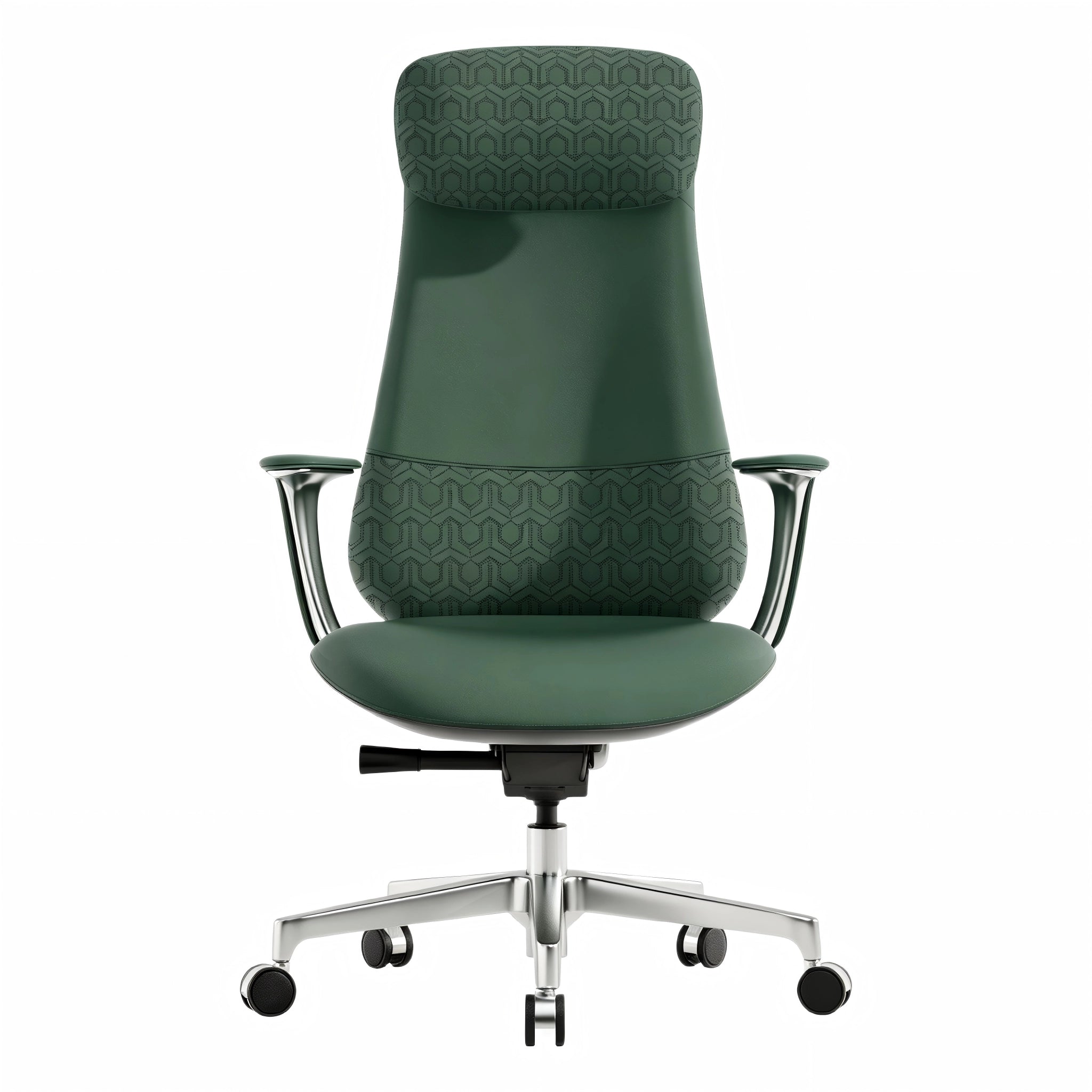 Green leather office chair with headrest, patterned upholstery, swivel base and arms